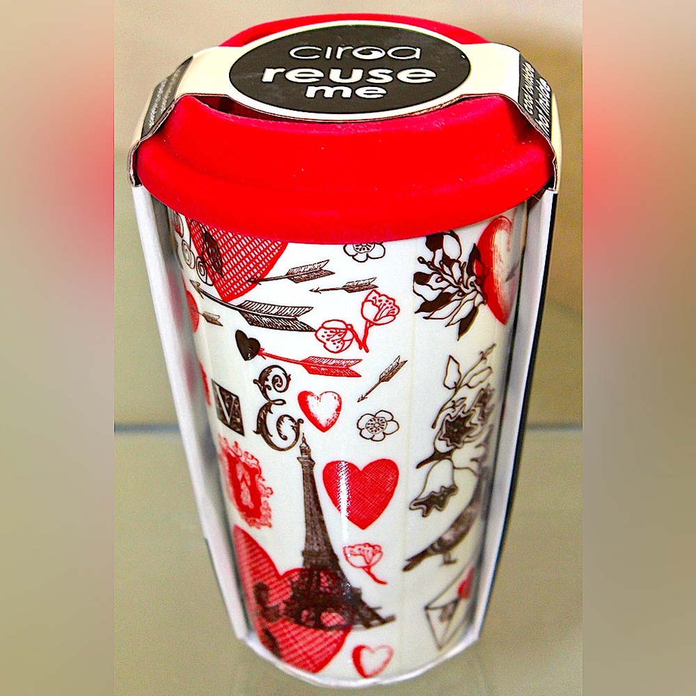 CIROA REUSE ME TRAVEL MUG HEARTS PARIS LANDMARKS SILICON LID COFFEE 10 OZ MULT…